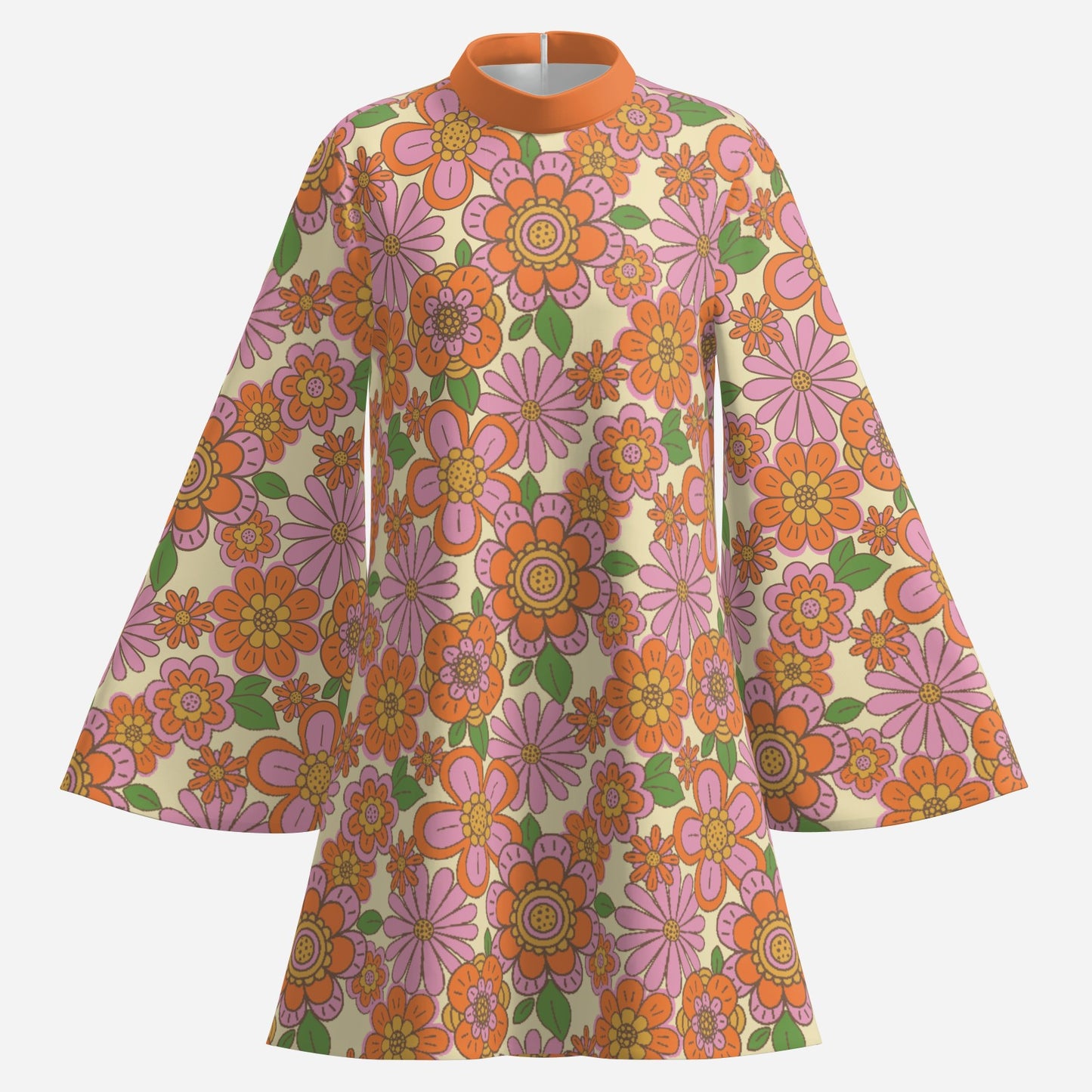 70s Dress Style | Retro Bell Sleeve Dress | Multicolor Orange Floral Tent Dress | Vintage 70s Disco Dress with Turtle Neck