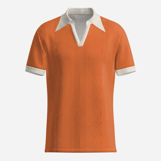 70s Style Polo Shirt | Retro Orange Jacquard Knit Polo | Dagger Collar Polo Shirt | Disco Shirt