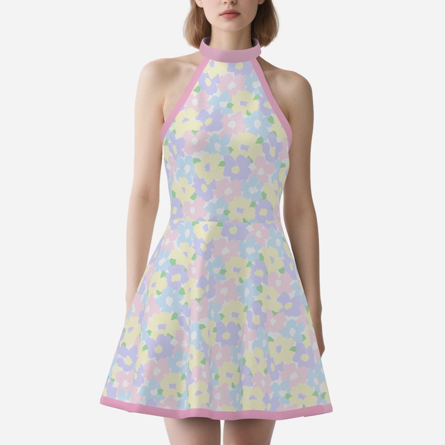 Mod 60s dress style, Vintage Style Dress, Pink Pastel floral mini dress, Sleeveless Retro Halter Dress