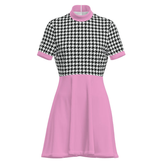 60s Pink Houndstooth Mod Mini Dress | Retro GoGo Turtleneck Dress | Vintage A-Line Colorblock Dress | Trendy Hip Buys