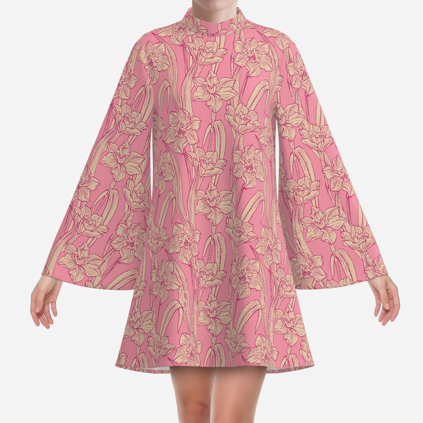 70s Dress Style | Retro Pink Floral Mini Dress | Pink Tent Dress with Bell Sleeves | 70s Inspired Turtleneck Dress