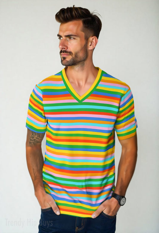 Eco-T-shirt, Eco friendly T-shirt, Rainbow Stripe Shirt, V-neck Tshirt, LGBTQ Pride T-shirt