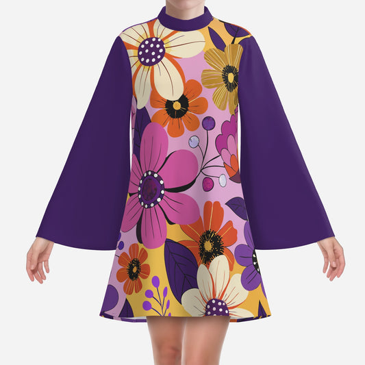 70s Dress Style | Purple Bell Sleeve Tent Dress | Floral Retro 70s Disco Dress | Turtle Neck Mini Dress