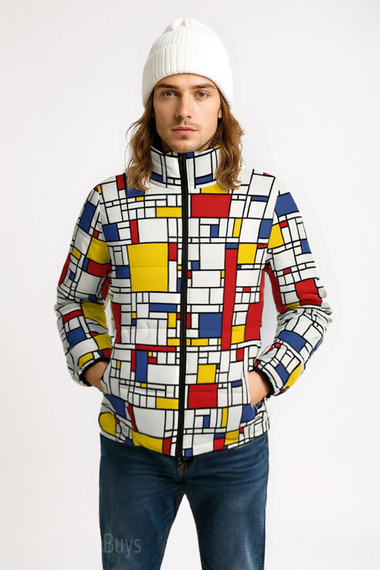Unisex Retro Mondrian Puffer Jacket | Vintage Geometric 60s Style Puffer Jacket