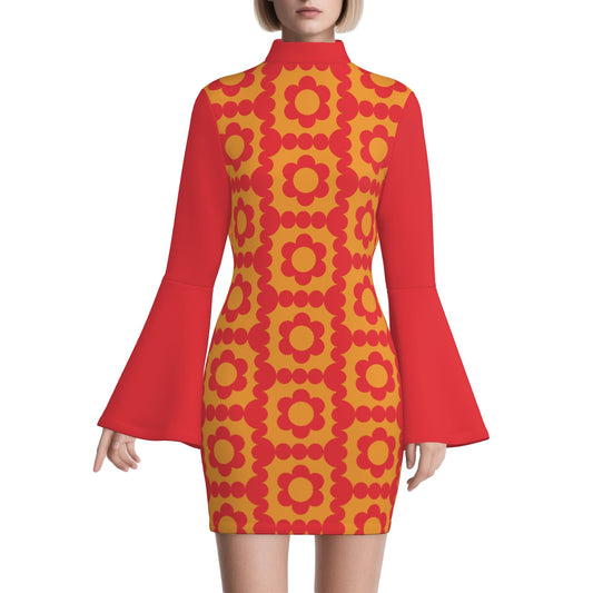 70s Style Dress | Red & Yellow Floral Bell Sleeve Mini Dress | Retro Turtleneck Disco Shift Dress