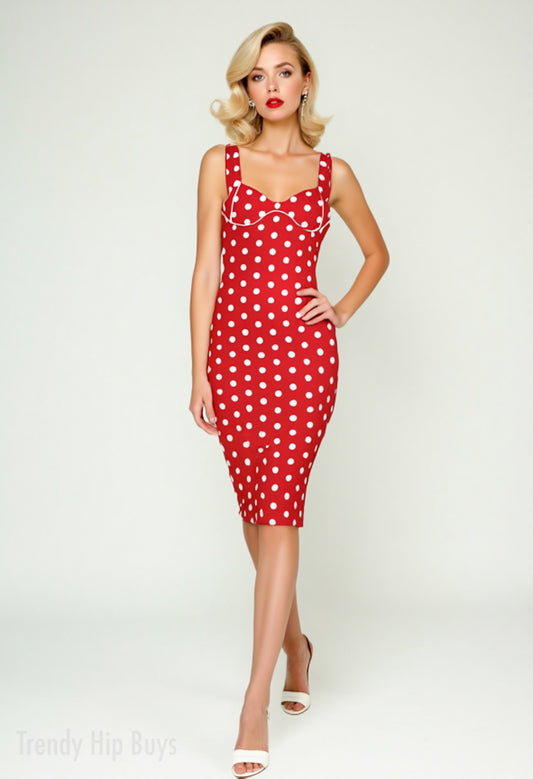 Vintage-Inspired Red Polka Dot Dress | 50s & 60s Retro Sheath Dress | Red Rib Knit Midi Dress