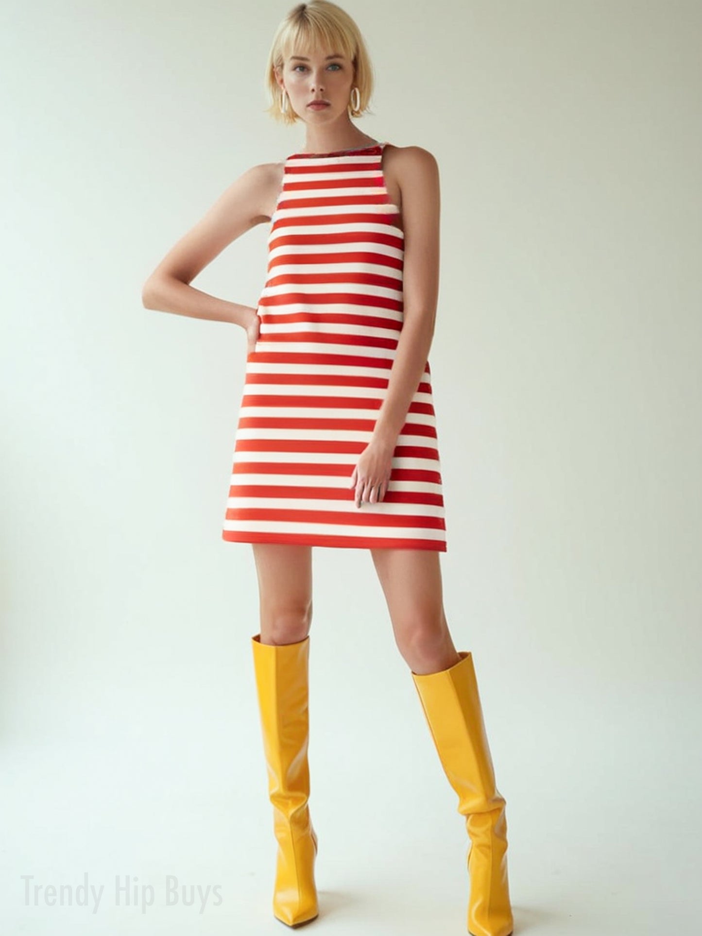 retro red stripe dress, 60s inspired mini dress, tent mini dress, red sleeveless dress