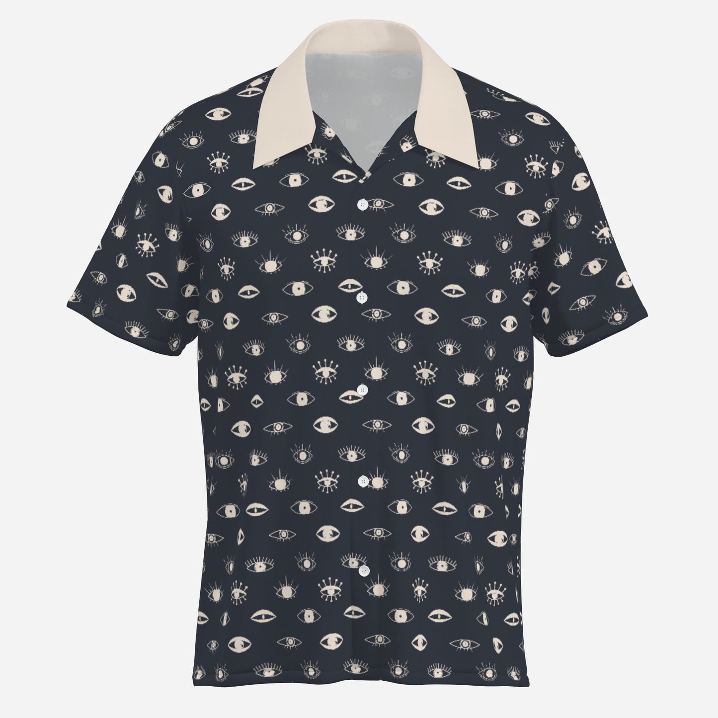 Retro Black Shirt Men | Artistic Eye Print Shirt | Unique 50s Inspired Shirt | Contrasting Beige Collar |