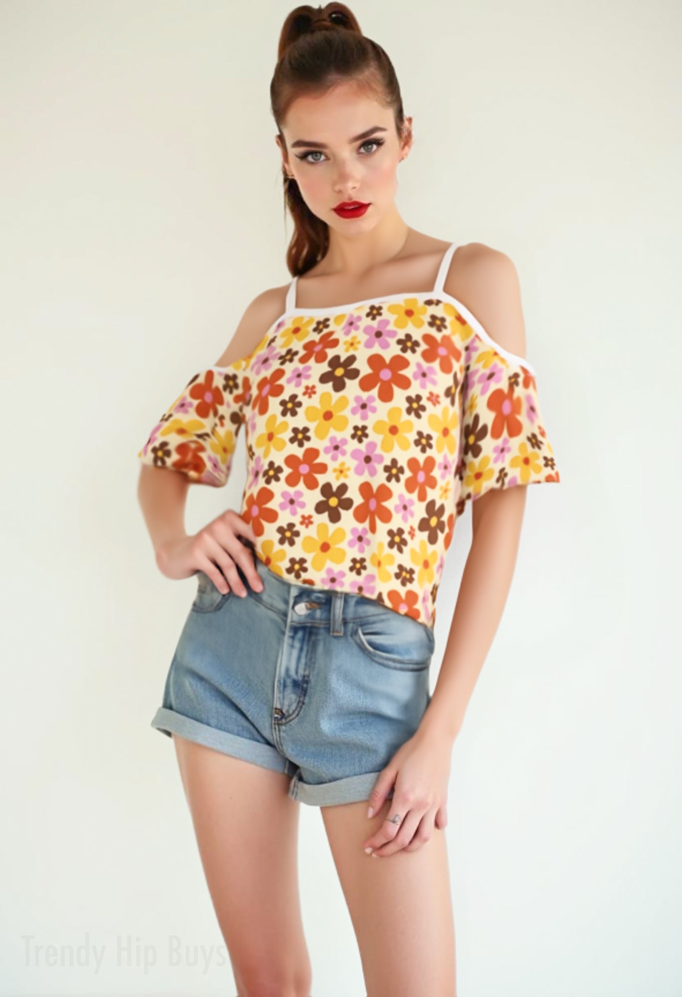 Women’s Retro 70s Off Shoulder Top | Eco-Friendly Imitation Cotton Flutter Sleeve Blouse