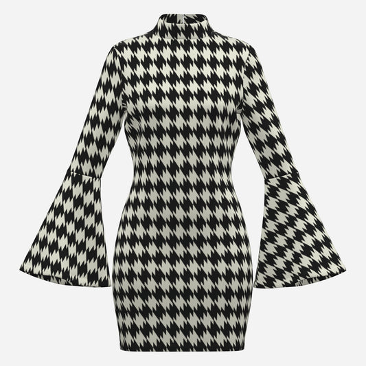 70s Style Dress | Black Houndstooth Bell Sleeve Mini Dress | Retro Turtleneck Disco Shift Dress