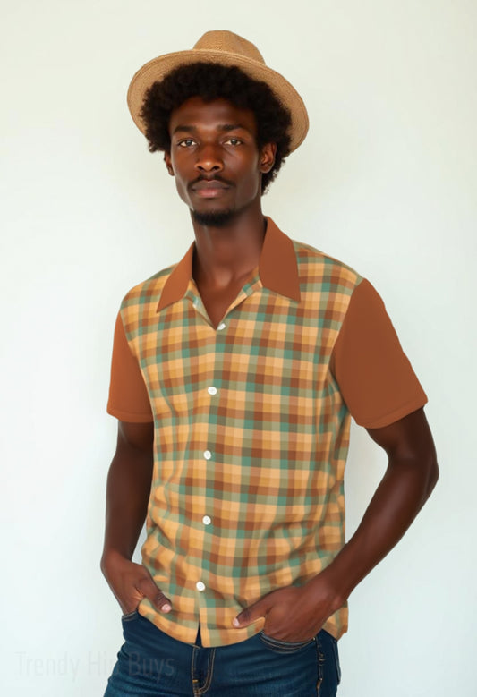 Men's 50s inspired Shirt, Retro Plaid Shirt, Vintage 50s Style Shirt Men, Retro Brown Plaid Shirt, Rockabilly Shirt