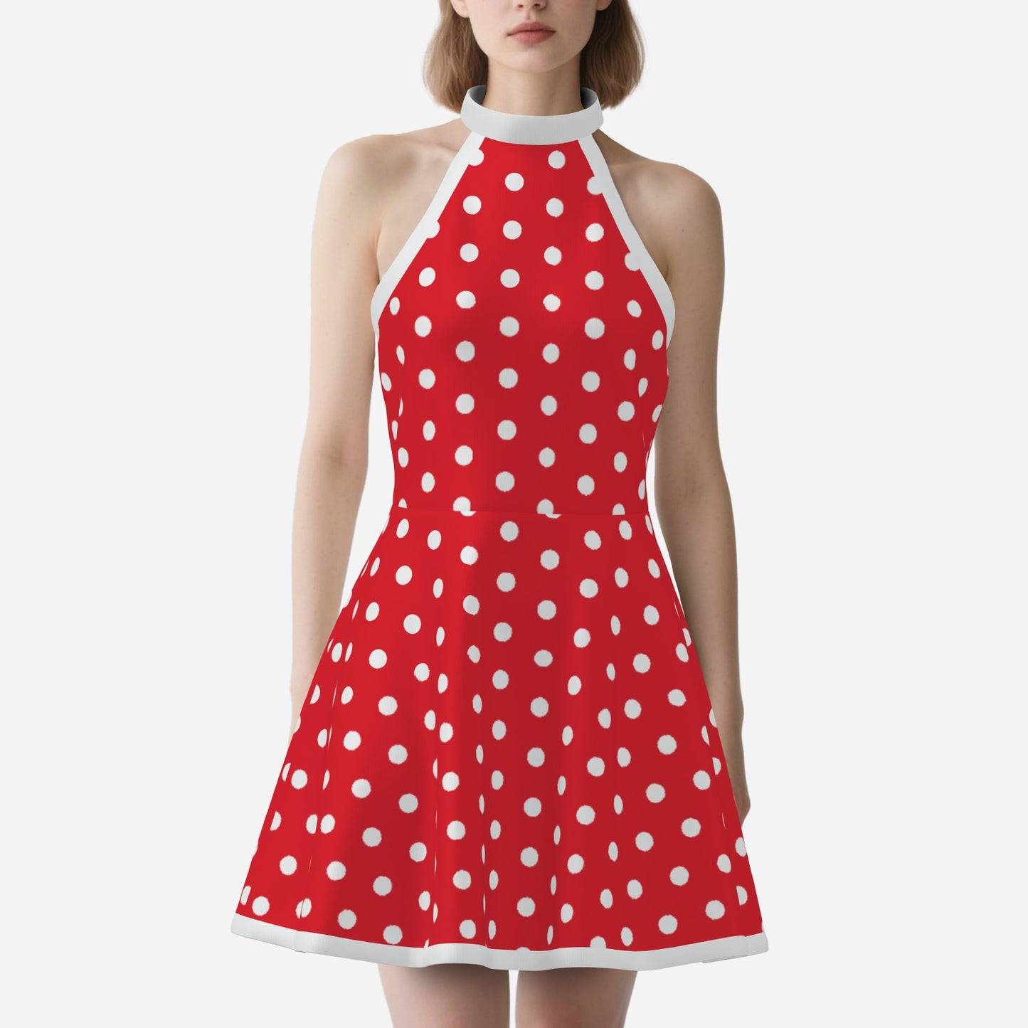 50s 60s Dress Style, Retro Red Polka Dot mini dress, Red Polka Dot Halter Mini Dress, Red Sleeveless Dress