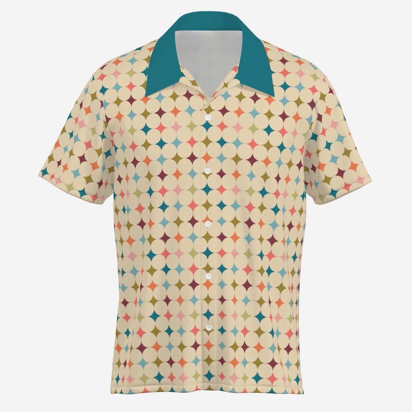 Men’s 50s Style Shirt | Retro Multicolor Geometric Shirt | Vintage Beige & Teal Shirt Men