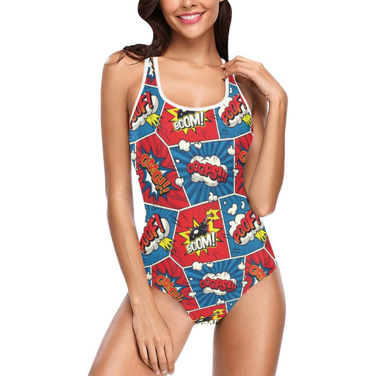 Retro Swimsuit | Red Blue Pop Art Cartoon One Piece | Vintage Style Unique Swimwear