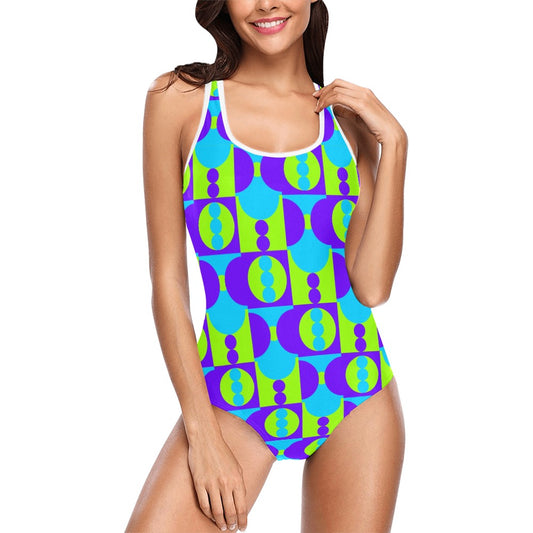 Mod 60s style Swimsuit, Vintage Style Swimsuit, Green Purple One Piece Swimsuit