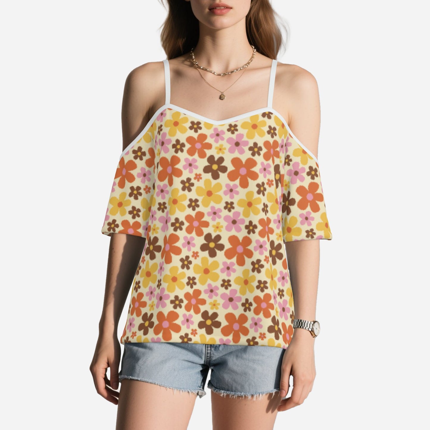 Women’s Retro 70s Off Shoulder Top | Eco-Friendly Imitation Cotton Flutter Sleeve Blouse