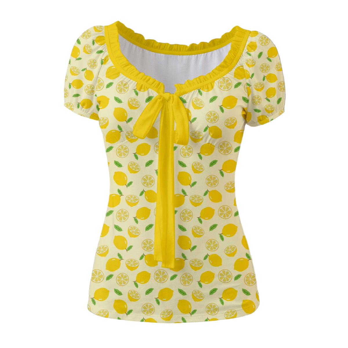 Retro Yellow Lemon Print Babydoll Top | Vintage Yellow Puff Sleeve Blouse | Ruffle Bow Tie Lemon Print Top | Yellow 50s Style Blouse