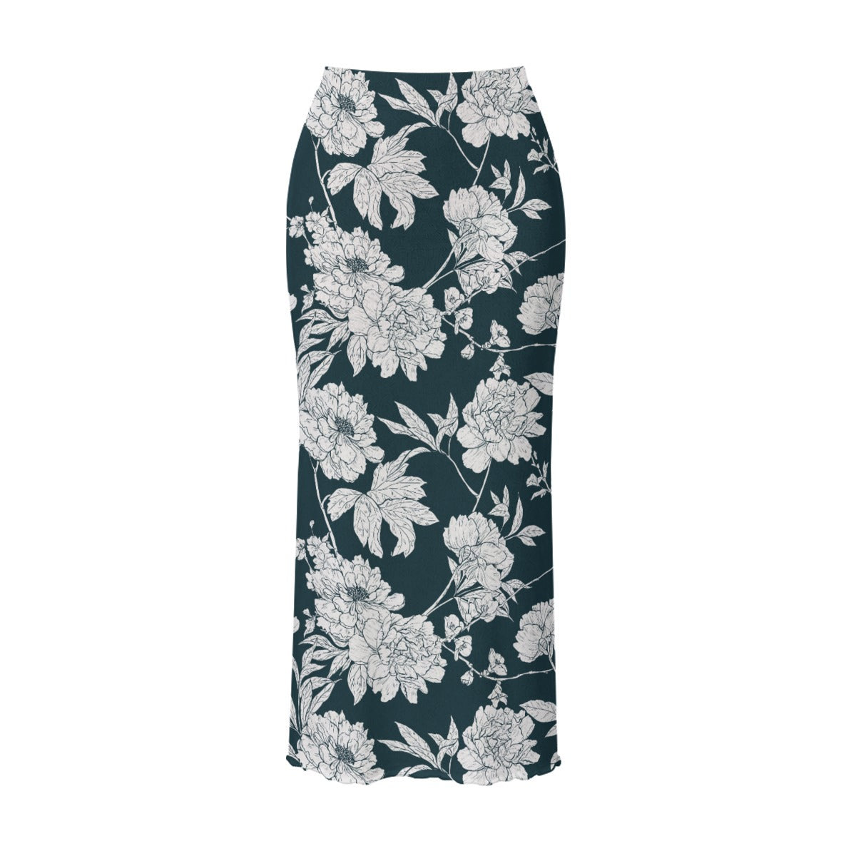 Women's Two-Piece Floral Set | Sheer Black Turtleneck Crop Top & Maxi Pencil Skirt | Elegant Evening Outfit