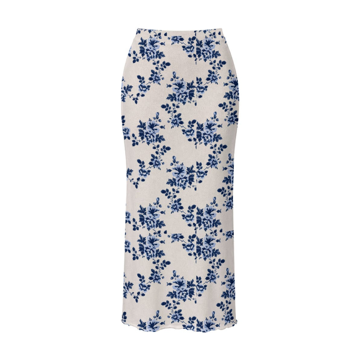 Women's Sheer White & Blue Floral Two-Piece Set | Romantic Turtleneck Crop Top & Maxi Skirt | Vacation Outfit