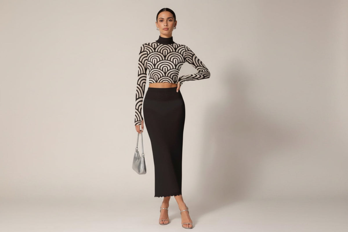 Women's 60s Op Art Two-Piece Set | Sheer Geometric Turtleneck Crop Top & Black Maxi Skirt | Mod Vintage Outfit