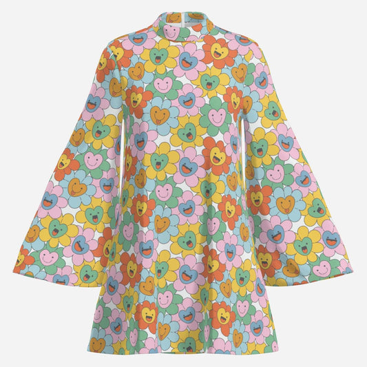 hippie dress, 70s inspired dress,  70s bell sleeve dress, multicolor disco dress