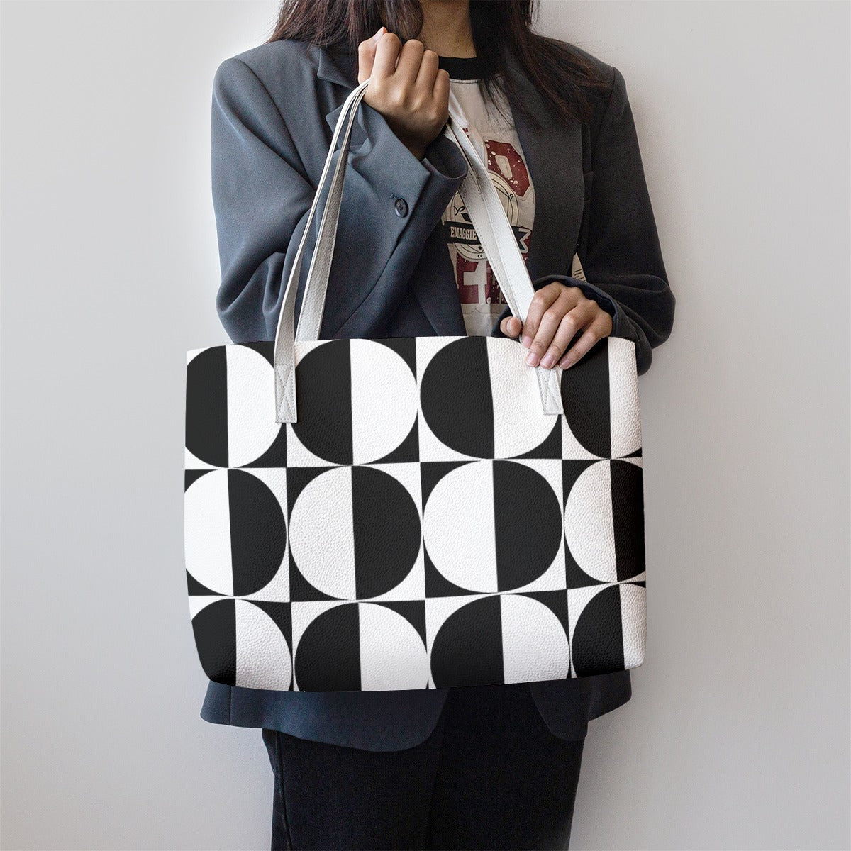 Mod 60s Geometric Tote Bag | Black & White Retro Handbag | Vintage-Inspired PU Leather Shoulder Bag