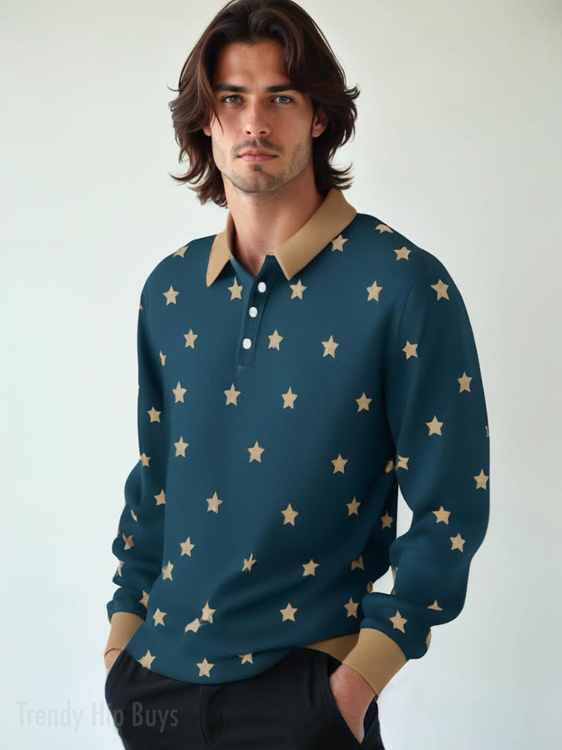 Star Print Knit Polo Shirt Men