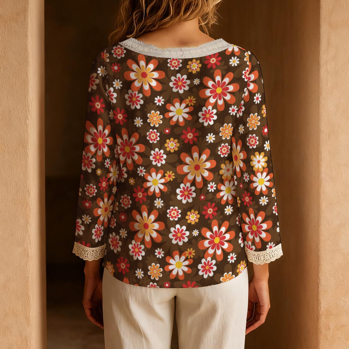70s Brown Floral Boho Blouse | Retro Hippie Peasant Top | Vintage Lace Trim Bohemian Shirt