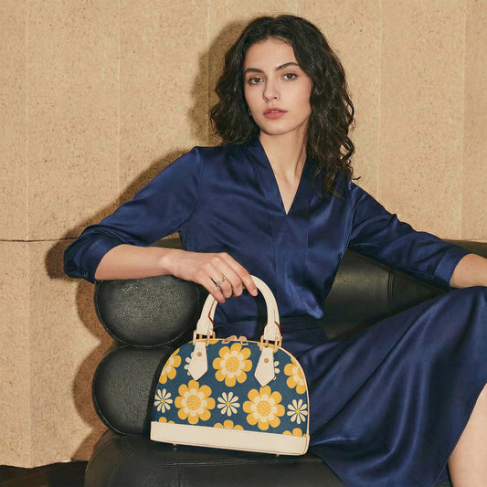 Vintage Mod Yellow Floral Blue Handbag | 60s 70s Retro Half Moon Crossbody Bag with Adjustable Shoulder Strap | PU Leather Statement Handbag for Women