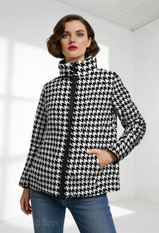 Unisex Black Houndstooth Puffer Jacket | Retro 60s Inspired Cotton Filled Winter Jacket