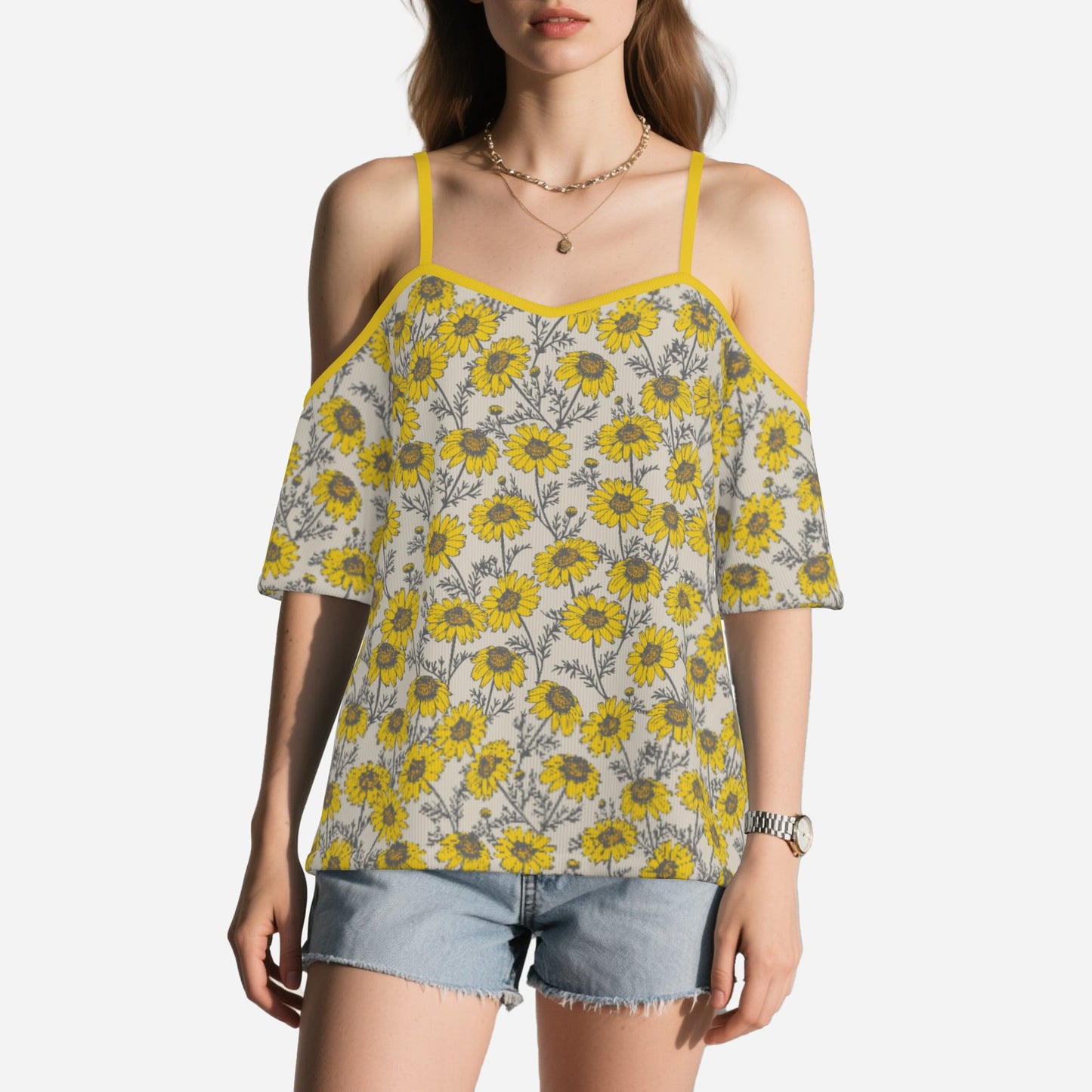 Women’s Yellow Floral Off Shoulder Top | Eco-Friendly Imitation Cotton Flutter Sleeve Blouse