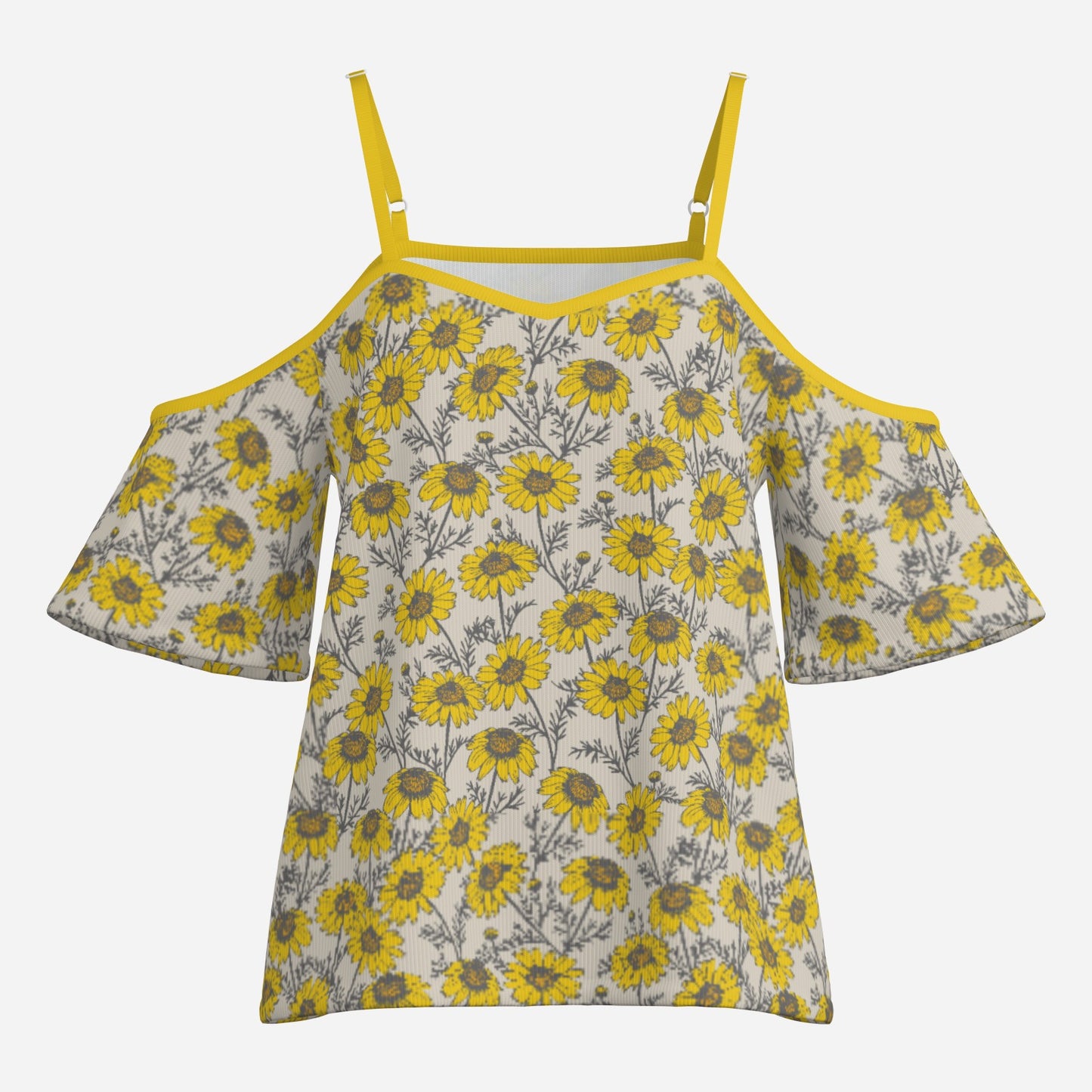 Women’s Yellow Floral Off Shoulder Top | Eco-Friendly Imitation Cotton Flutter Sleeve Blouse