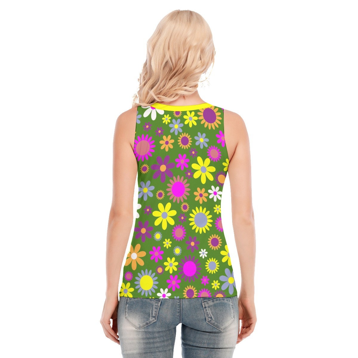 Retro Tank Tops, Mod Tops , 60s Style Tops, Olive Green Tank Top, Floral Tank Top, Womens Tank Tops,Retro Tops, Sleeveless Top,70s Style Top