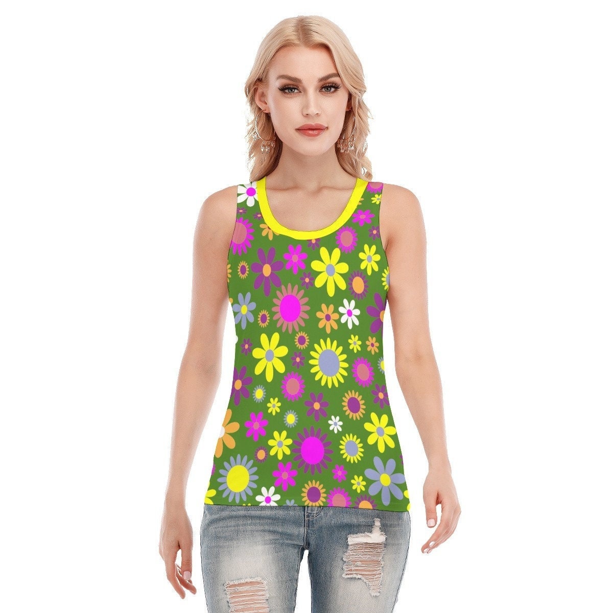 Retro Tank Tops, Mod Tops , 60s Style Tops, Olive Green Tank Top, Floral Tank Top, Womens Tank Tops,Retro Tops, Sleeveless Top,70s Style Top