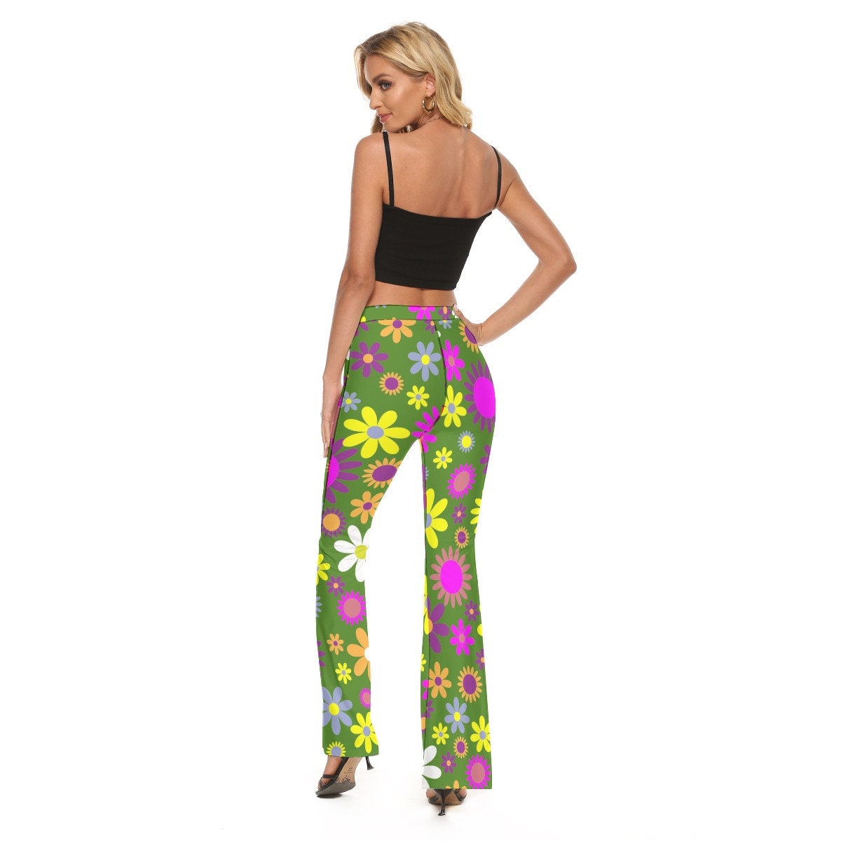 Flare Pants, 70s Hippie Pants, Floral Pants, Wide Leg Pants, Green Flare Pants,Retro Pants,70s style Pants,Wide Leg Yoga Pants,Mod 60s pants