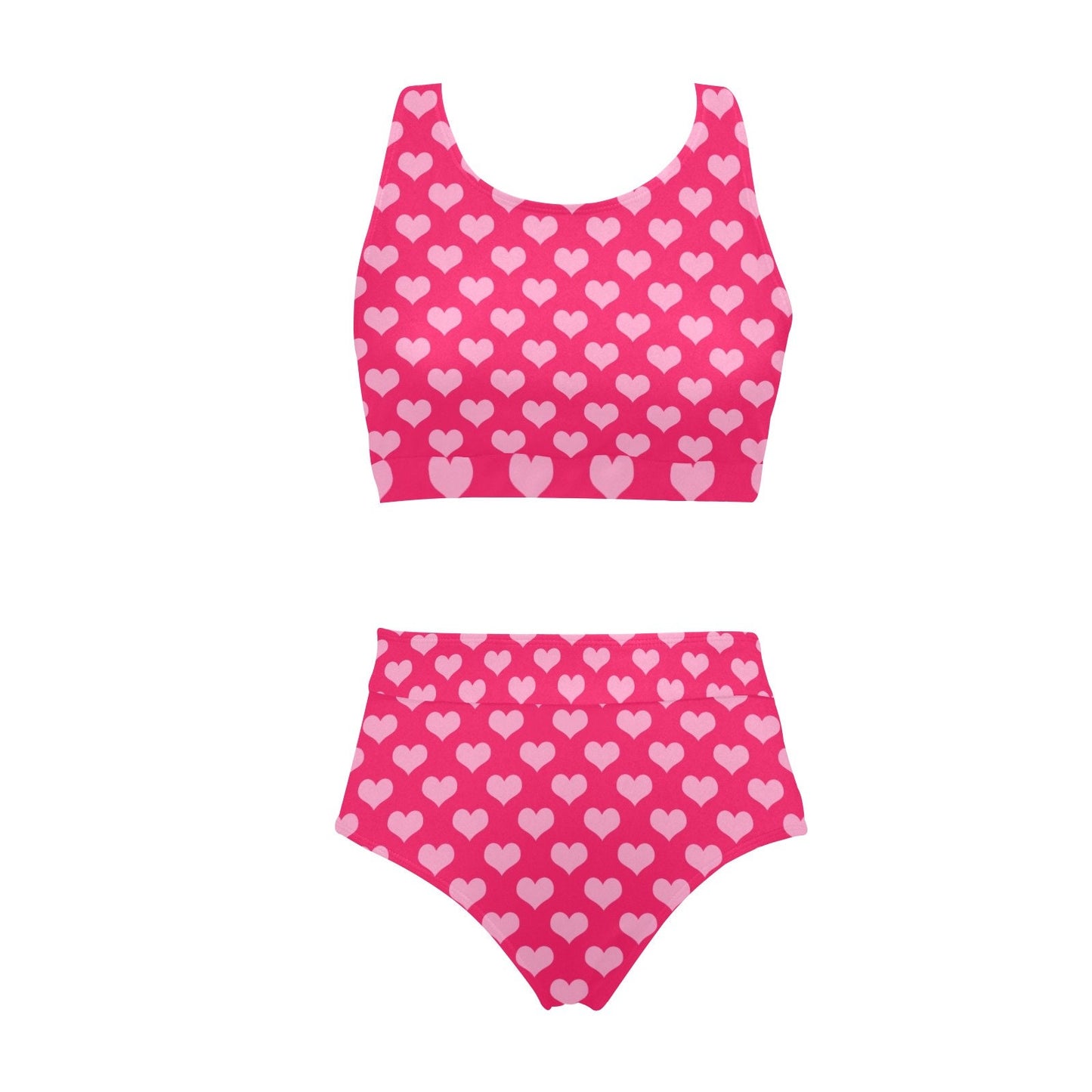 Heart Print Bikini, High Waist Bikini, Fuchsia Pink Tankini, Fuchsia Pink bikini, Women's Bikini Set, Two piece bikini set, Retro Swimsuit