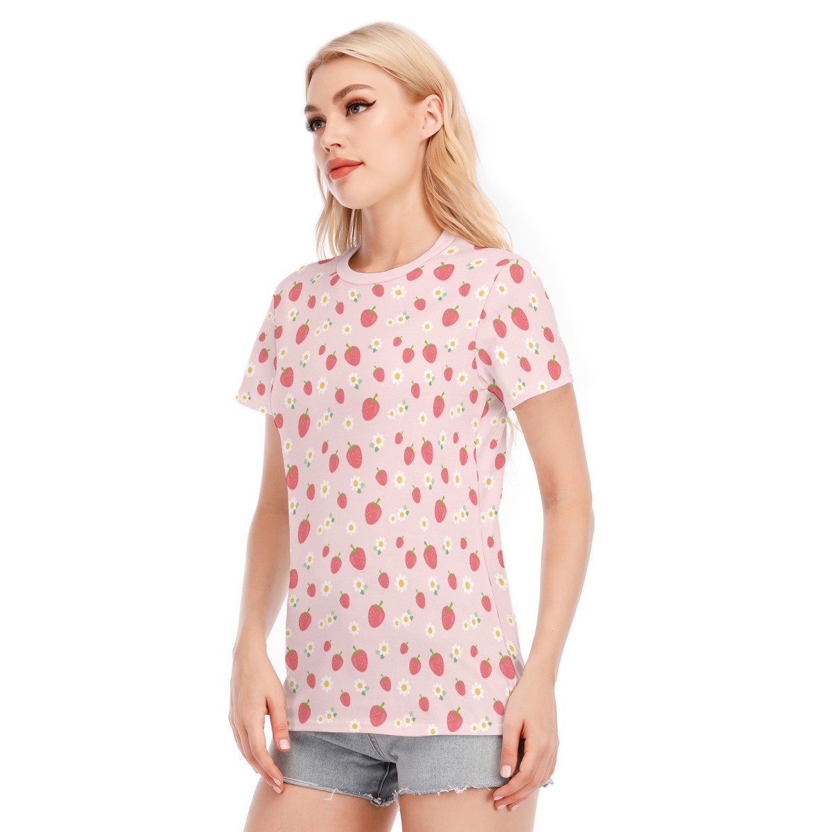 Strawberry Tshirt, Pink Strawberry Top, Strawberry Print Top, Womens tops, Summer Top Women, Unique Tshirt, Strawberry Pattern Top, Pink Top
