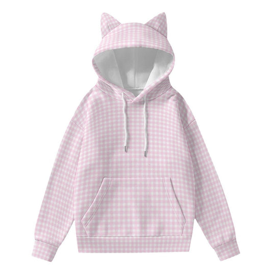 Pink Gingham Cat Ear Hoodie, Pink Hoodie, Women's Sweater, Women's Hoodie, Kawaii Hoodie, Women's hoodies trendy, Women's Sweatshirt