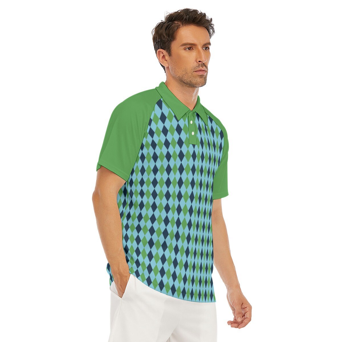 Polo Shirt, Men's Polo Shirt, Vintage Polo, Retro Polo Shirt, 60s Tops men, Green Blue Geometric Shirt, Men's Vintage Shirt, Men's Knit Top