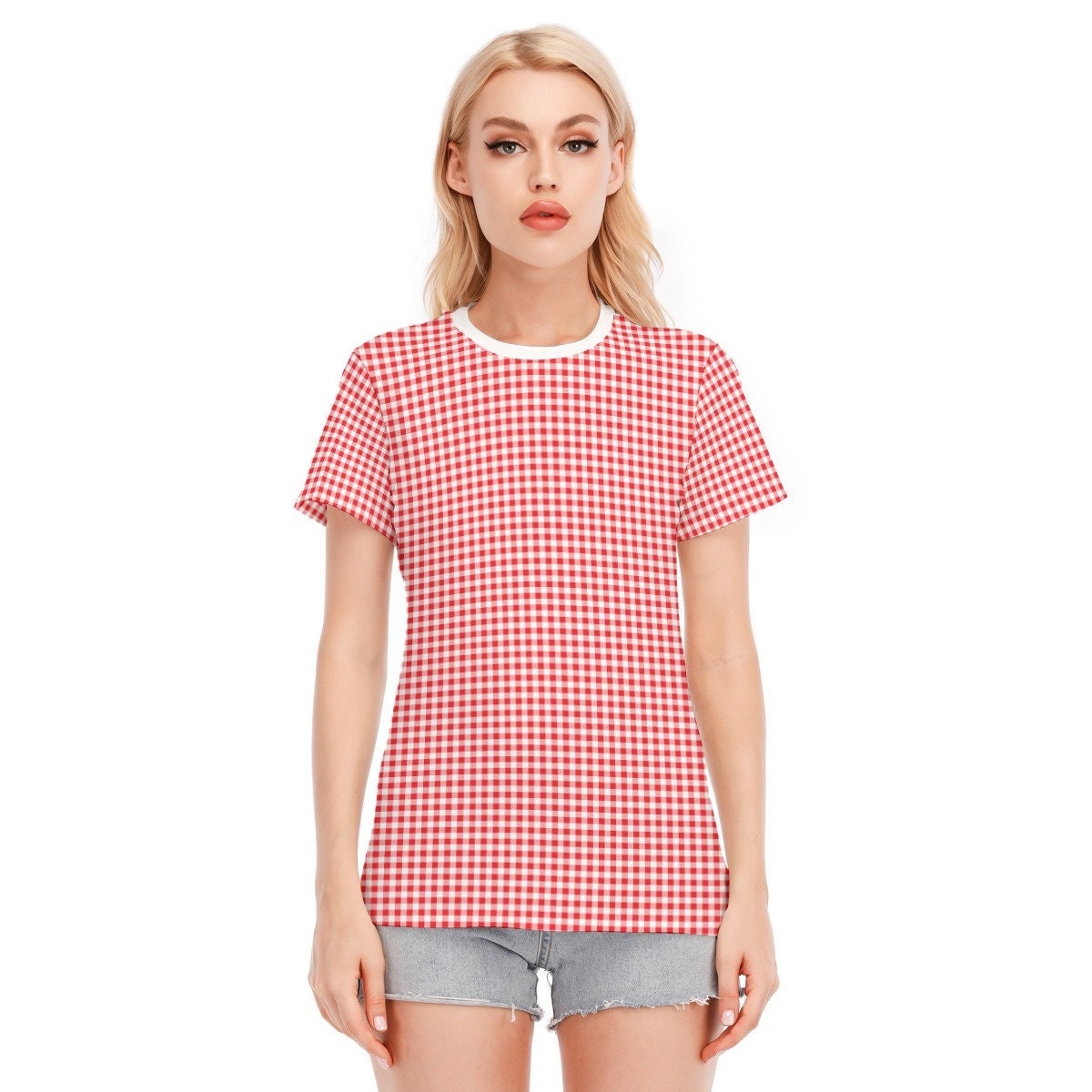 Retro Top, Retro Tshirt, Red Gingham Top, Red Tshirt, Womens Tshirts, Vintage style top, Vintage top, Vintage gingham top, Red retro top