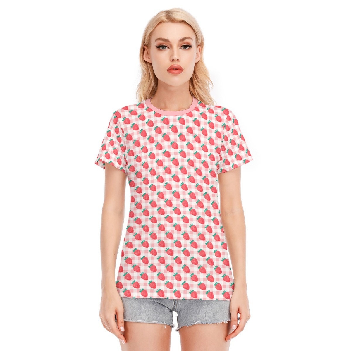Women's tshirt, Strawberry T-shirt, Strawberry Tshirt, Strawberry Top, Pink Top, Pink gingham top,Women's Tops, Pink Top, Kawaii Top