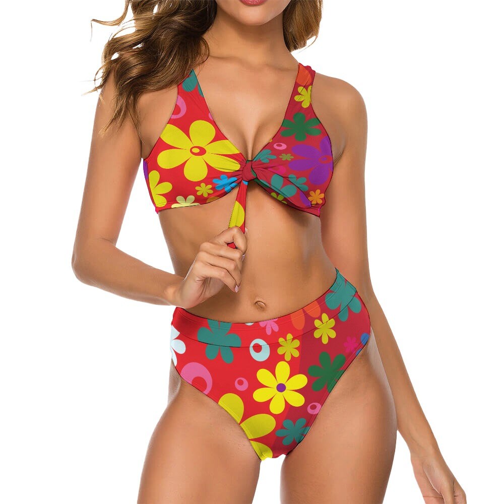 Red Floral Bikini, Mod Bikini, High waist Bikini, Retro Bikini, vintage style swimsuit, Retro Bikini,Two piece bikini set, Women's Swimsuit