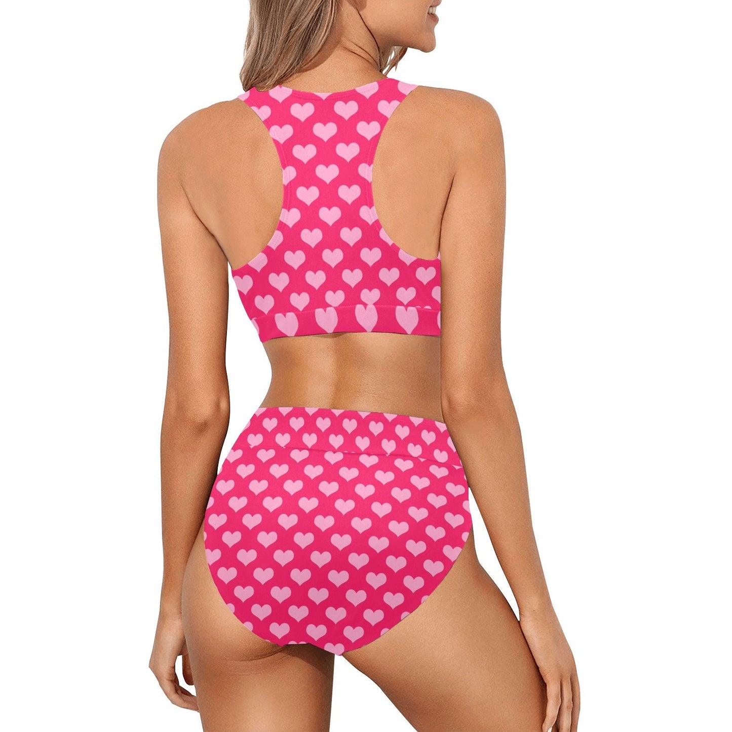 Heart Print Bikini, High Waist Bikini, Fuchsia Pink Tankini, Fuchsia Pink bikini, Women's Bikini Set, Two piece bikini set, Retro Swimsuit