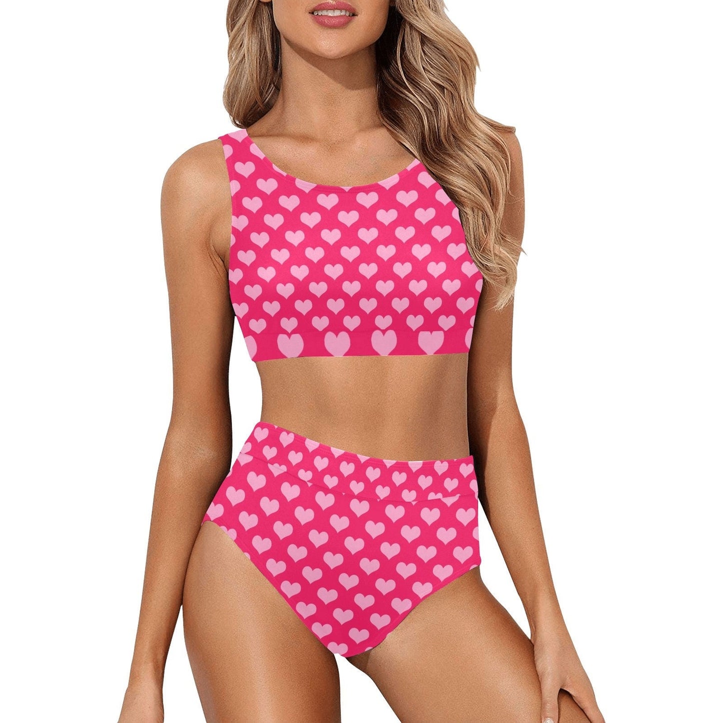 Heart Print Bikini, High Waist Bikini, Fuchsia Pink Tankini, Fuchsia Pink bikini, Women's Bikini Set, Two piece bikini set, Retro Swimsuit
