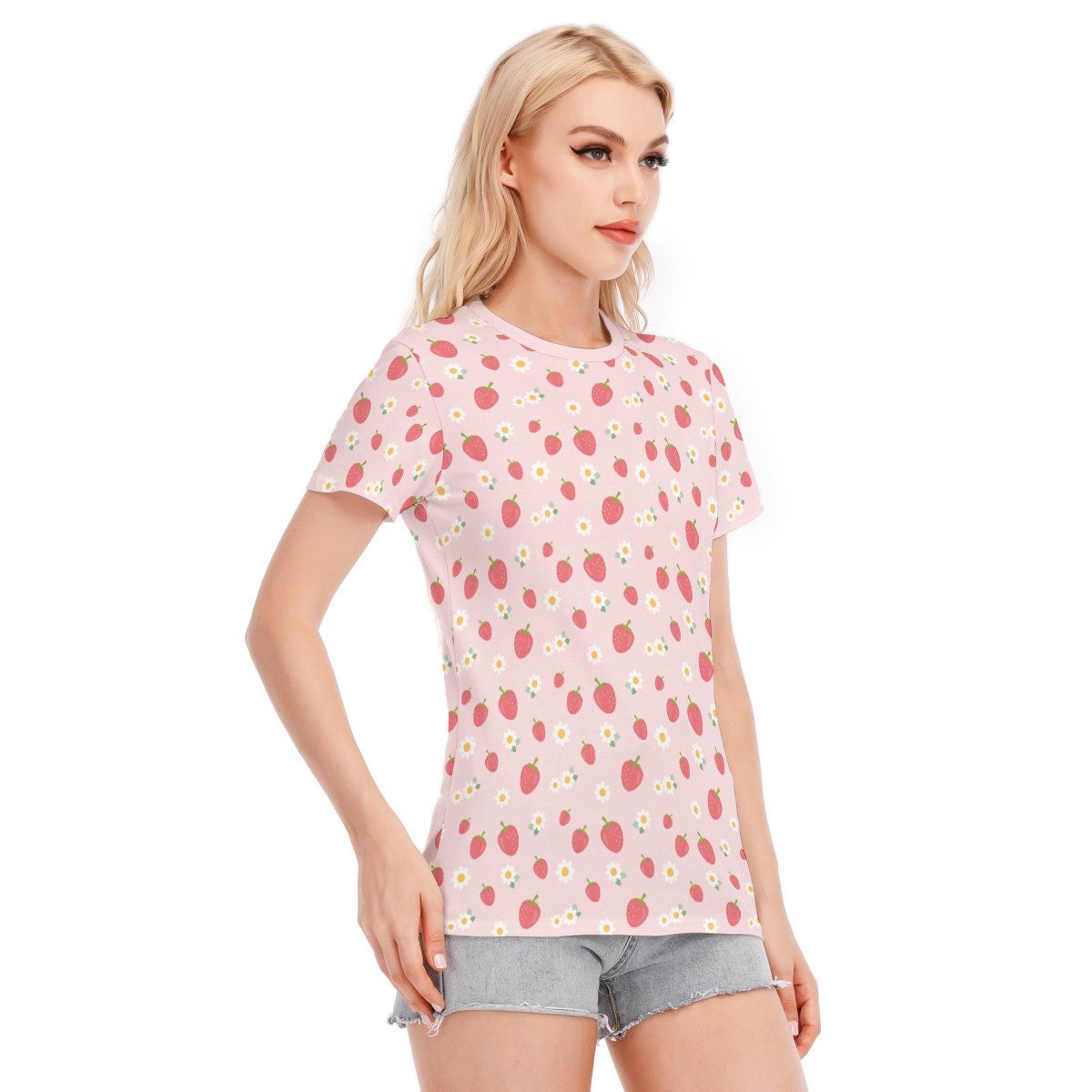 Strawberry Tshirt, Pink Strawberry Top, Strawberry Print Top, Womens tops, Summer Top Women, Unique Tshirt, Strawberry Pattern Top, Pink Top