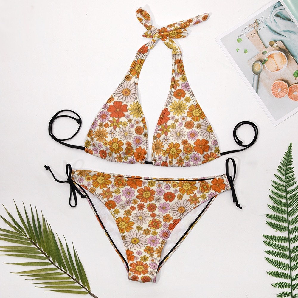 Halter Bikini Set, Two Piece bikini set, Orange Bikini, 70s style, 70s inspired swimsuit, 70s inspired bikini, Women's bikini, Floral Bikini