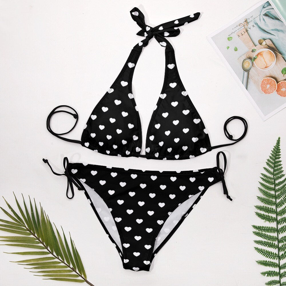 Halter Bikini, Black Bikini, Black Heart Bikini, Heart Print Bikini, Two Piece Bikini Set, Cute Bikini,Women's Bikini,Heart Polka Dot Bikini