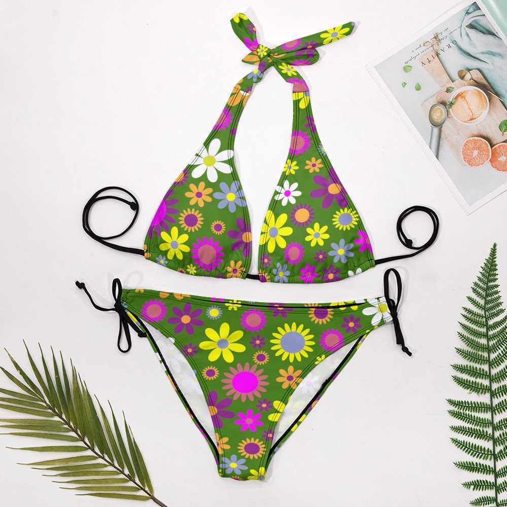 Halter Bikini Set, Retro Bikini, Women's bikini, Mod Swimsuit, Two Piece bikini set, 60s 70s style bikini, Floral Bikini, Hippie Bikini