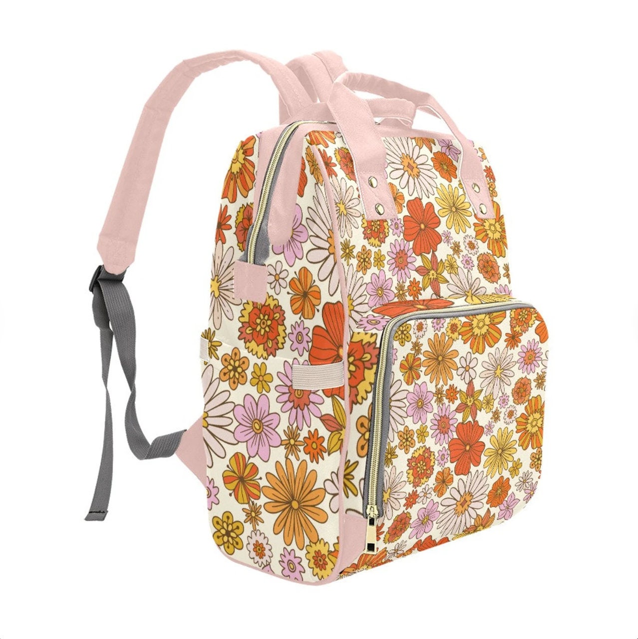 Retro Orange Pink backpack, Women's Backpack, Women's Bags, Floral backpack, Vintage style backpack, Hippie Style bag, Fashion Backpack