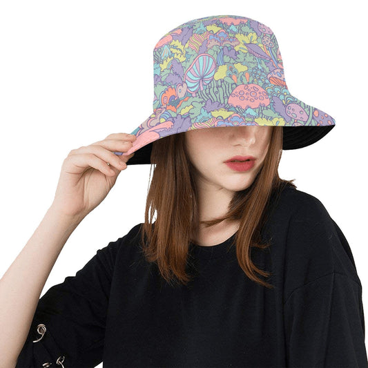 Bucket Hat, Blue Pink Bucket hat, Hippie Hat, 70s inspired Mushroom Print Hat, Multicolor Hat, Cute hat, Kawaii Hat, Kawaii Print Hat